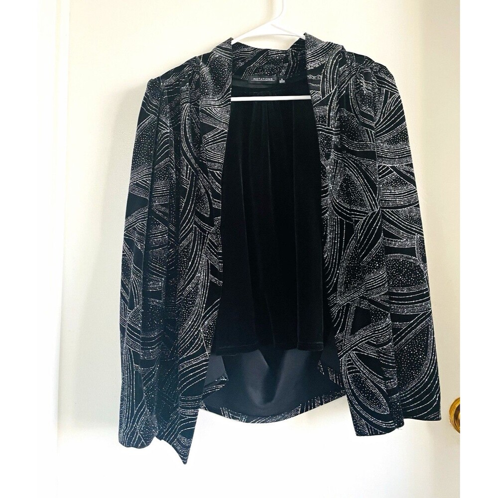 Notations Black & Silver Sequin Abstract Open Front Lined Short Jacket, S